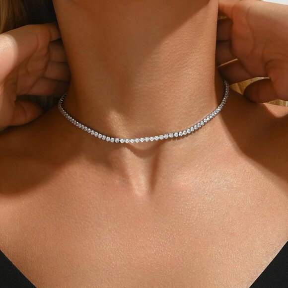 ⚡Elegant 18K Gold Plated Tennis Necklace 3mm Simulated Diamond Choker for Women - Picture 3 of 7